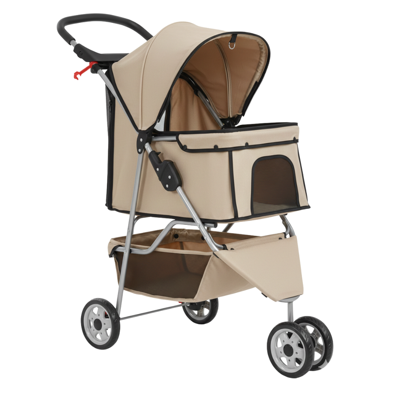 Dog and Cat Stroller with Mesh Panels, Storage Basket and Cup Holder