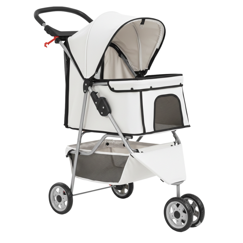Dog and Cat Stroller with Mesh Panels, Storage Basket and Cup Holder