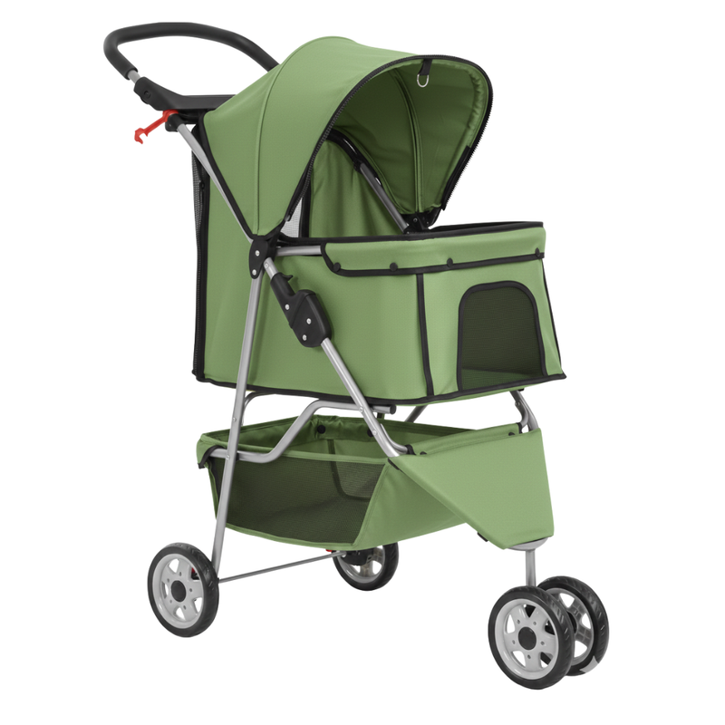 Dog and Cat Stroller with Mesh Panels, Storage Basket and Cup Holder