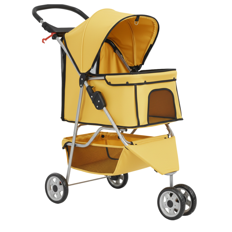 Dog and Cat Stroller with Mesh Panels, Storage Basket and Cup Holder