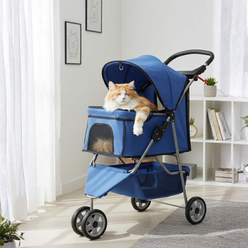 Dog and Cat Stroller with Mesh Panels, Storage Basket and Cup Holder