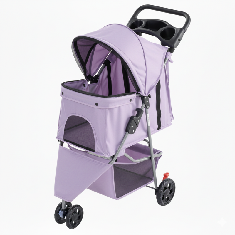 Dog and Cat Stroller with Mesh Canopy, Basket, and Cup Holder