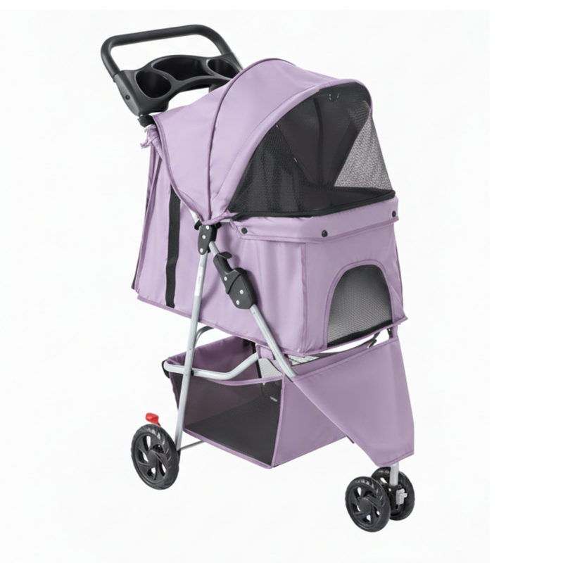 Dog and Cat Stroller with Mesh Canopy, Basket, and Cup Holder