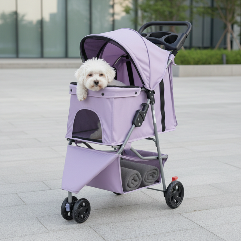 Dog and Cat Stroller with Mesh Canopy, Basket, and Cup Holder