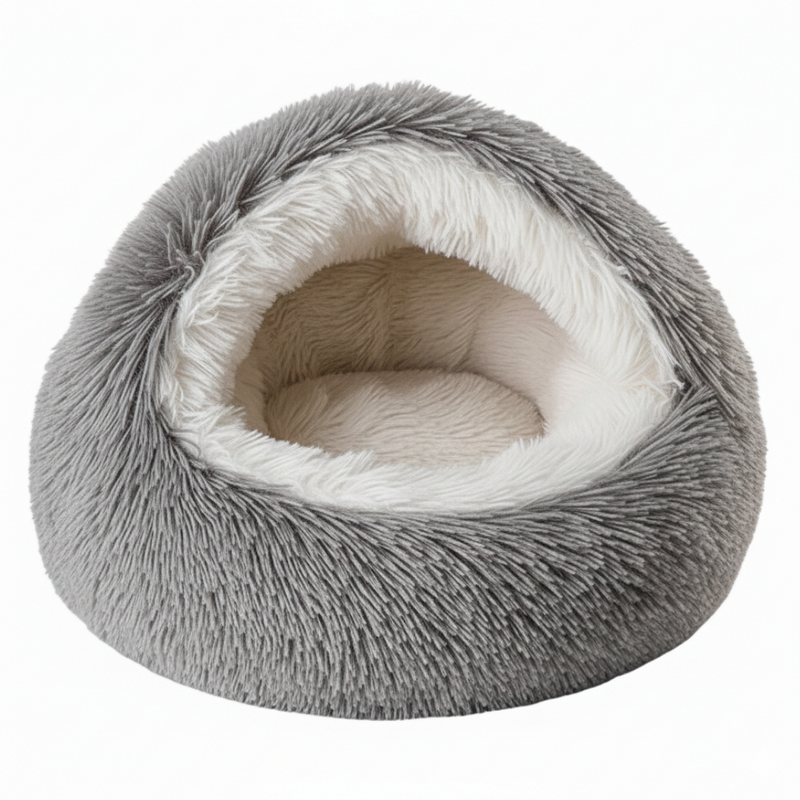 Hooded Plush Cave Pet Bed with Removable Cushion and Anti-Slip Base