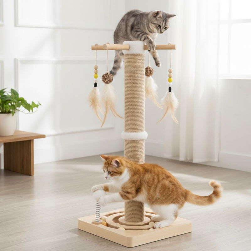 Cat Scratching Post with Sisal, Hanging Toys, Plush Ball, Ball Track
