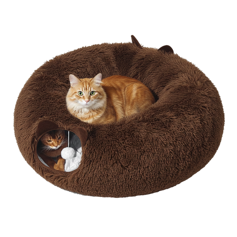 Cat Tunnel with Plush Bed and Peekaboo Openings for Indoor Use