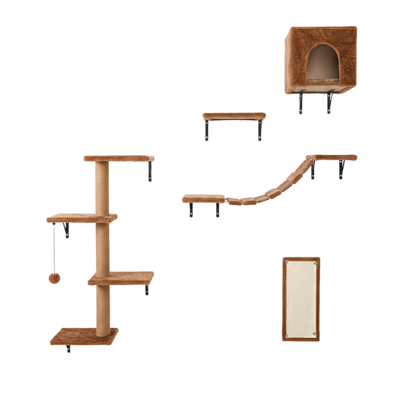 Cat Wall Shelves Set with House, Bridge, Steps, Climber and Scratcher