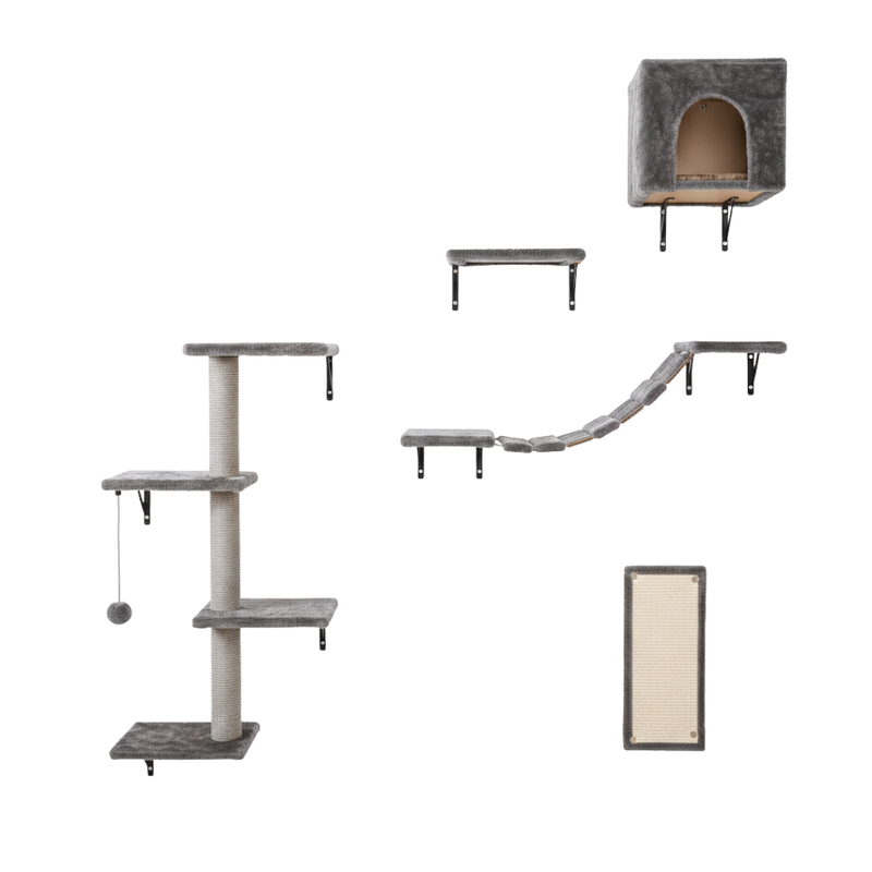Cat Wall Shelves Set with House, Bridge, Steps, Climber and Scratcher