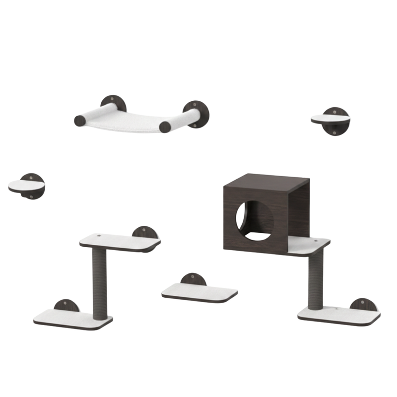Cat Wall Shelves with Hammock, House, Steps, and Scratching Post