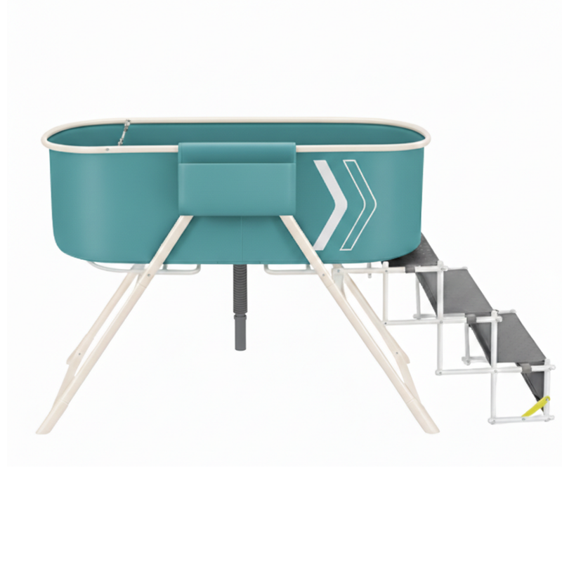Dog Bath Tub with Elevated Basin, Foldable Stairs, and Drain Hose