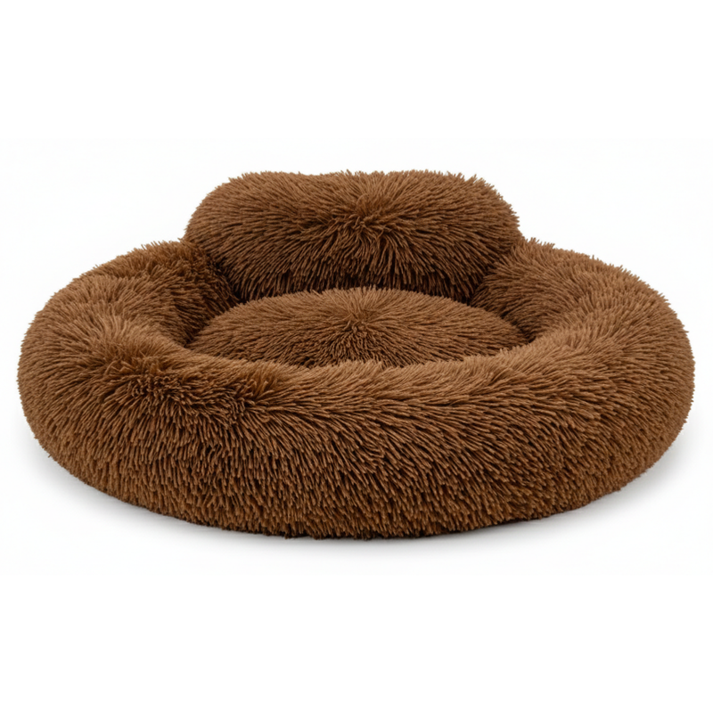 Round Donut Dog Bed with Raised Rim Washable Faux Fur Anti Slip Bottom