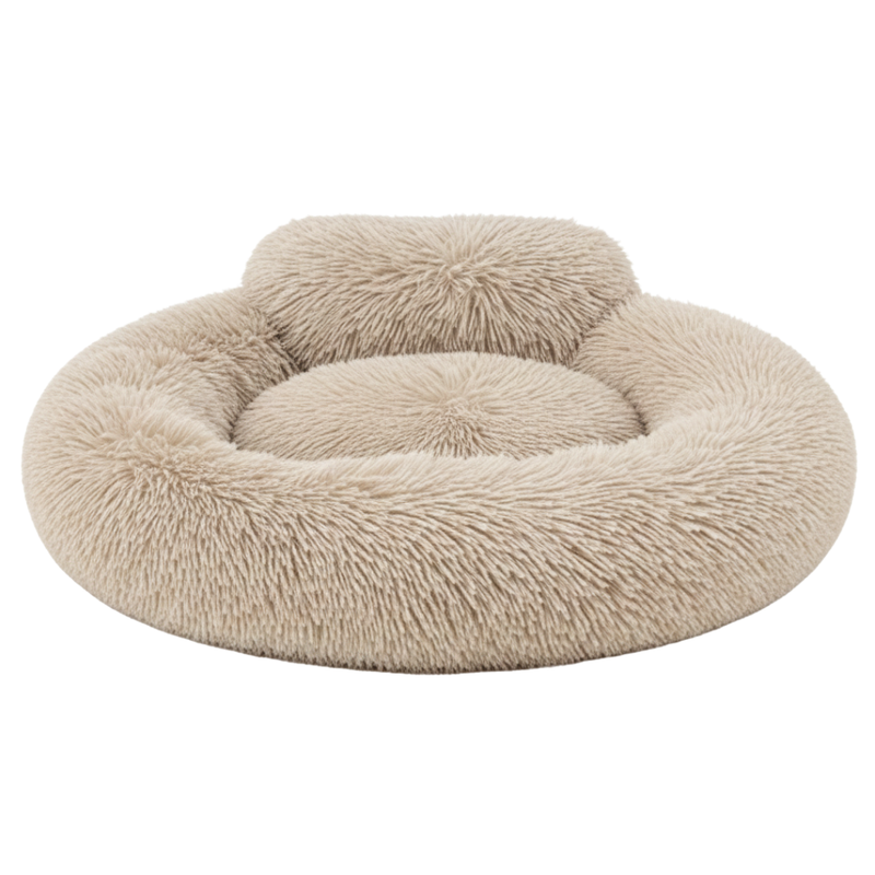 Round Donut Dog Bed with Raised Rim Washable Faux Fur Anti Slip Bottom