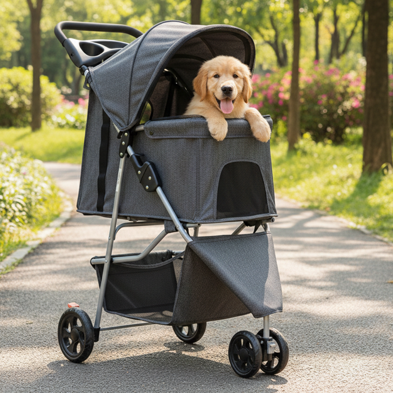 Dog & Cat Pet Stroller with Foldable Frame, Canopy and Basket