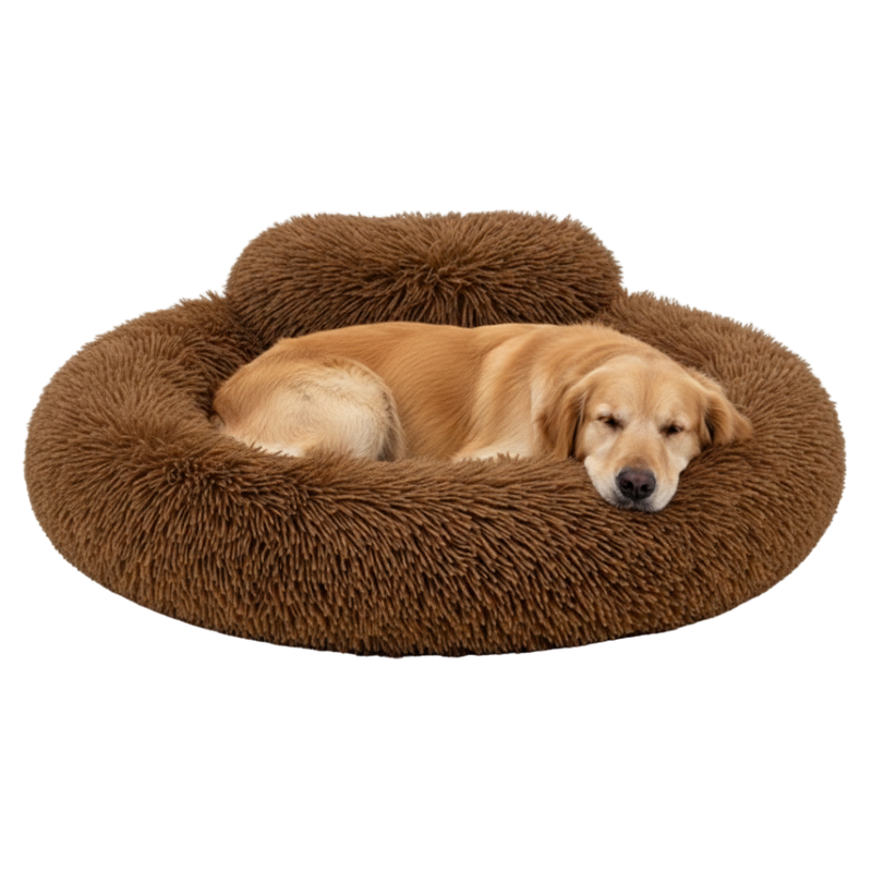Round Donut Dog Bed with Raised Rim Washable Faux Fur Anti Slip Bottom