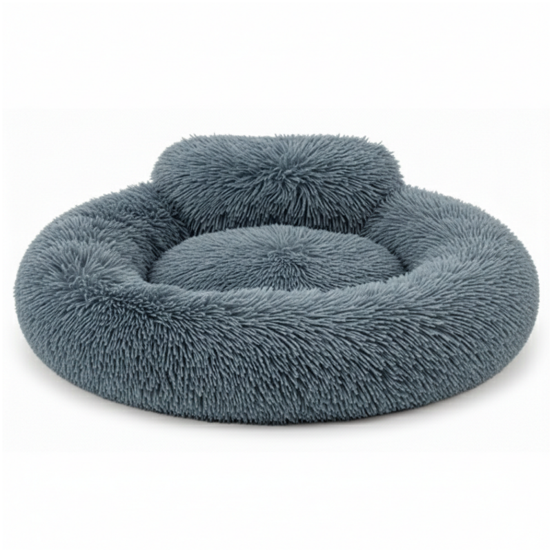 Round Donut Dog Bed with Raised Rim Washable Faux Fur Anti Slip Bottom