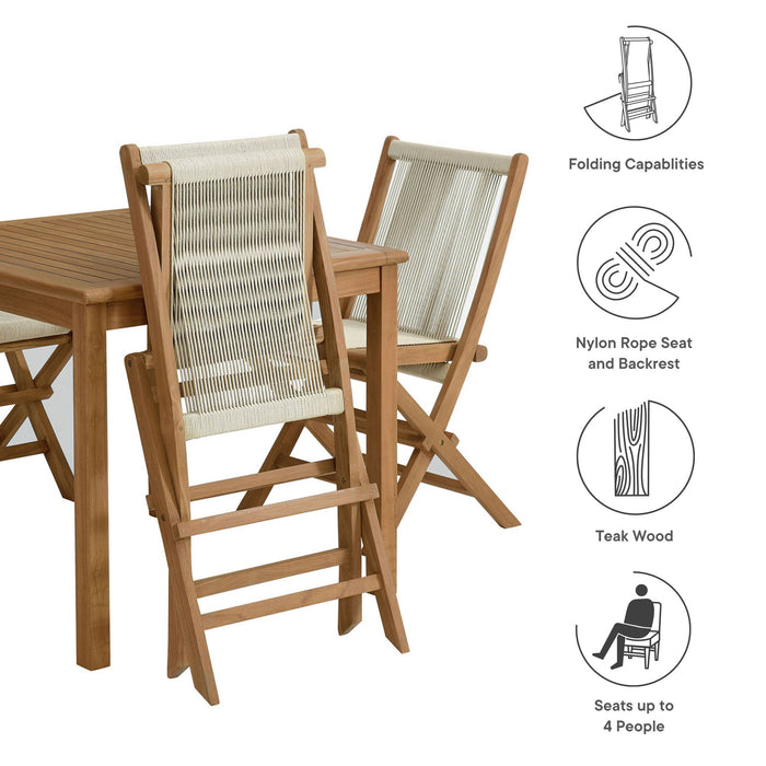 Vienna 5-Piece Outdoor Patio Teak Wood Dining Set with Rope Folding Chairs