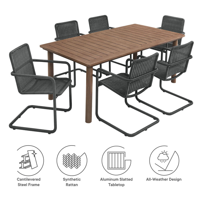 Abacus 7-Piece Rectangular Outdoor Patio Aluminum Dining Table Set with Rattan Armchairs