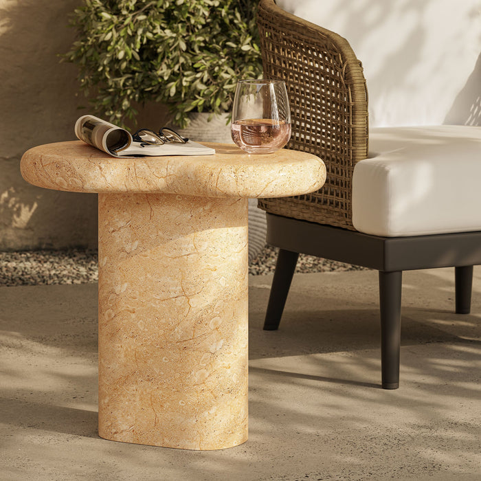 Elowen Indoor - Outdoor Patio Textured Faux Travertine Side Table