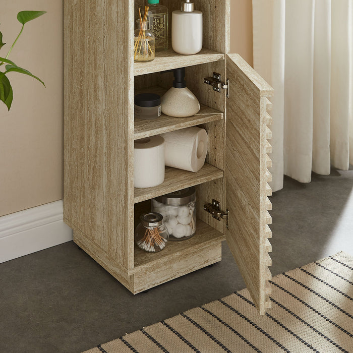 Render Tall Narrow Faux Travertine Linen Storage Cabinet