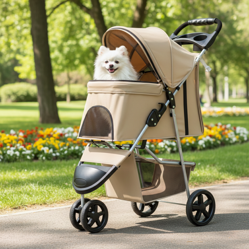 Foldable Pet Stroller with Weather Cover, Cup Holders, Storage Basket
