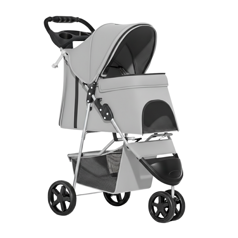 Foldable Pet Stroller with Weather Cover, Cup Holders, Storage Basket