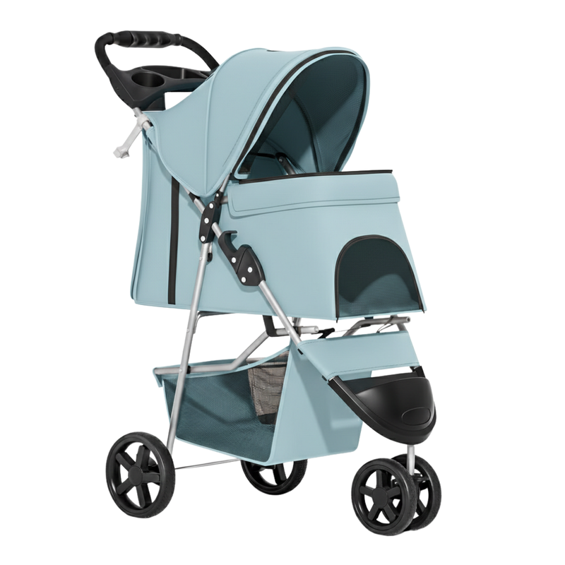 Foldable Pet Stroller with Weather Cover, Cup Holders, Storage Basket