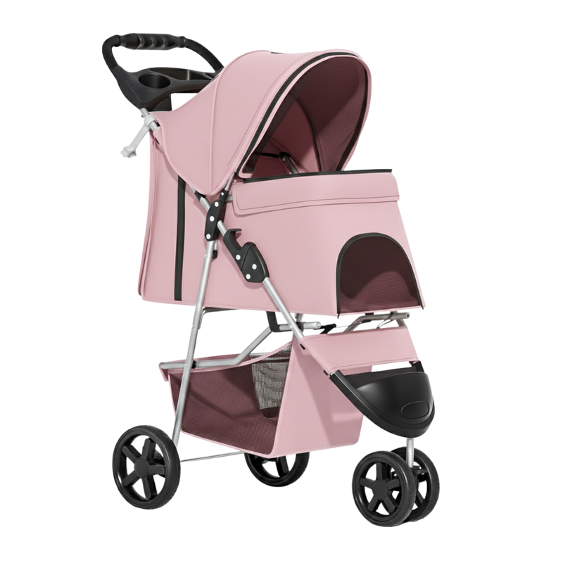 Foldable Pet Stroller with Weather Cover, Cup Holders, Storage Basket