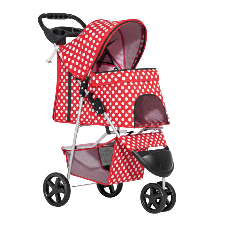 Foldable Pet Stroller with Weather Cover, Cup Holders, Storage Basket