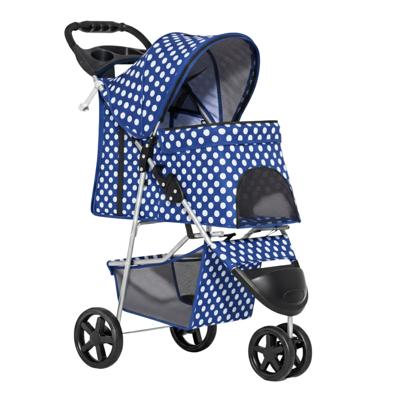 Foldable Pet Stroller with Weather Cover, Cup Holders, Storage Basket