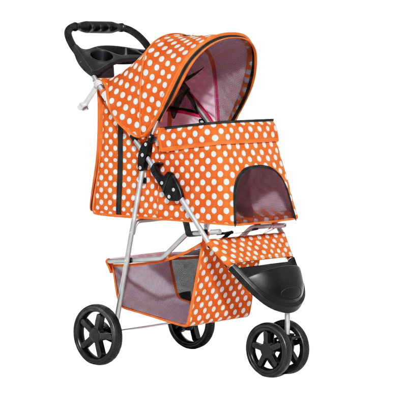 Foldable Pet Stroller with Weather Cover, Cup Holders, Storage Basket