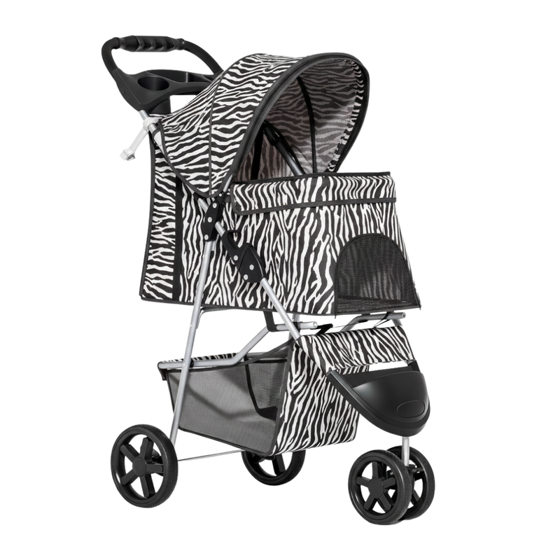 Foldable Pet Stroller with Weather Cover, Cup Holders, Storage Basket
