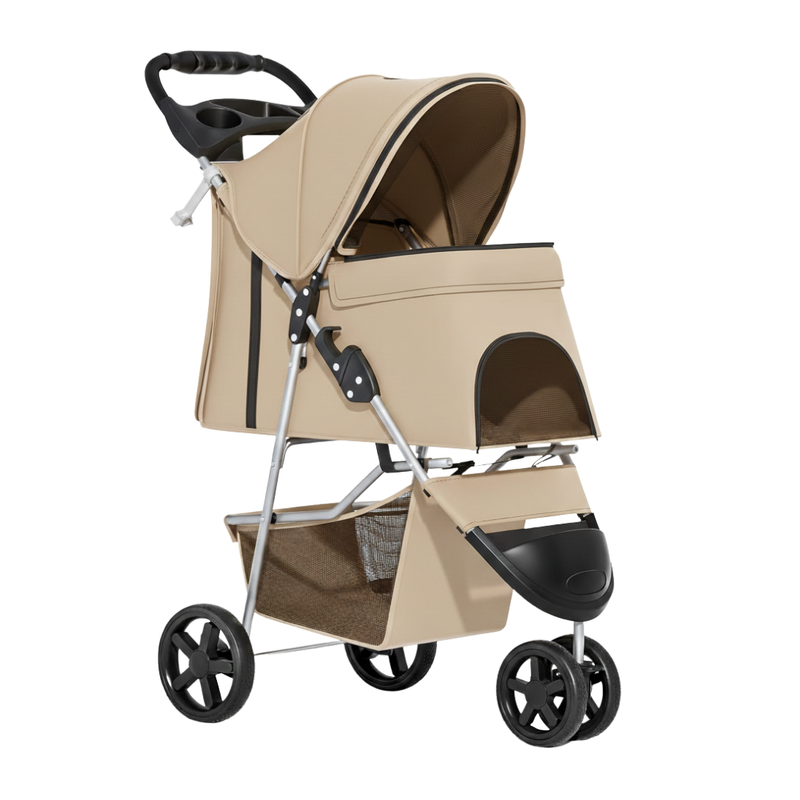 Foldable Pet Stroller with Weather Cover, Cup Holders, Storage Basket