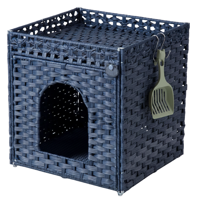 Cat Litter Box Enclosure with Mat and Fence Top, Handwoven Rattan