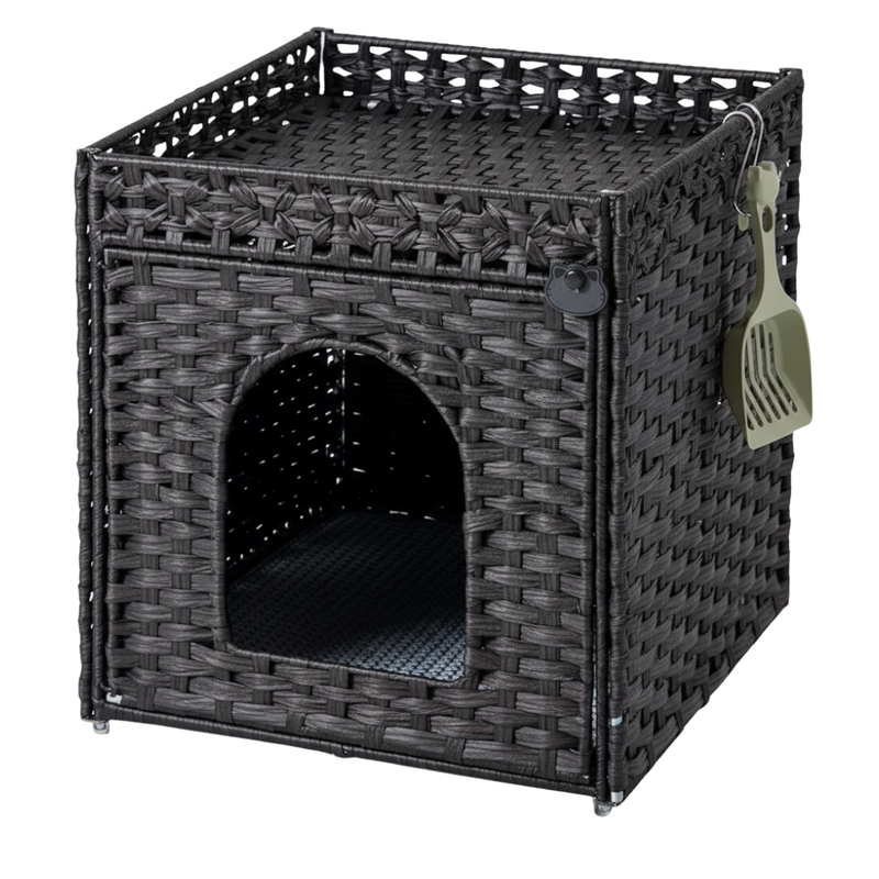 Cat Litter Box Enclosure with Mat and Fence Top, Handwoven Rattan