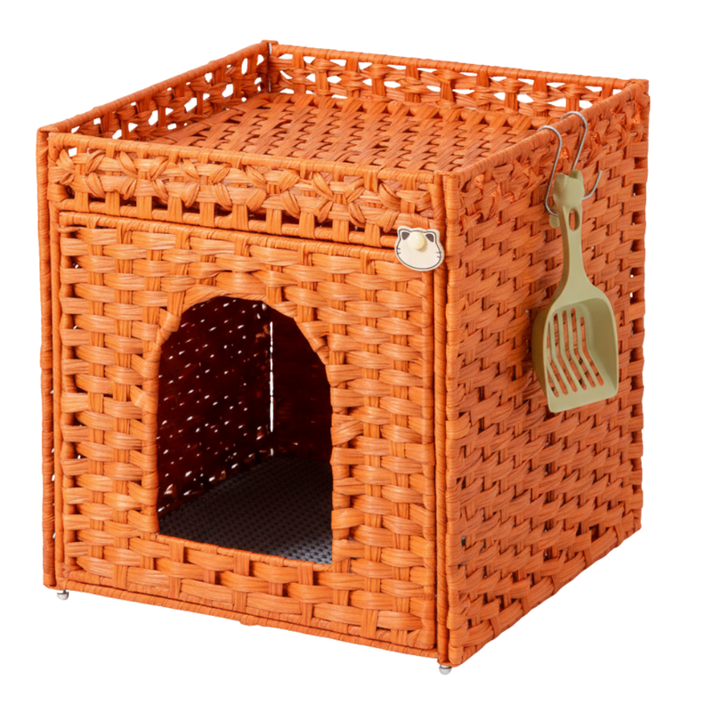 Cat Litter Box Enclosure with Mat and Fence Top, Handwoven Rattan