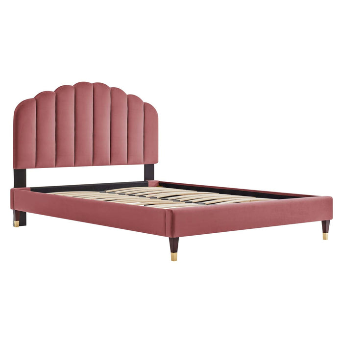 Daisy Performance Velvet Platform Bed Wood and Gold Legs