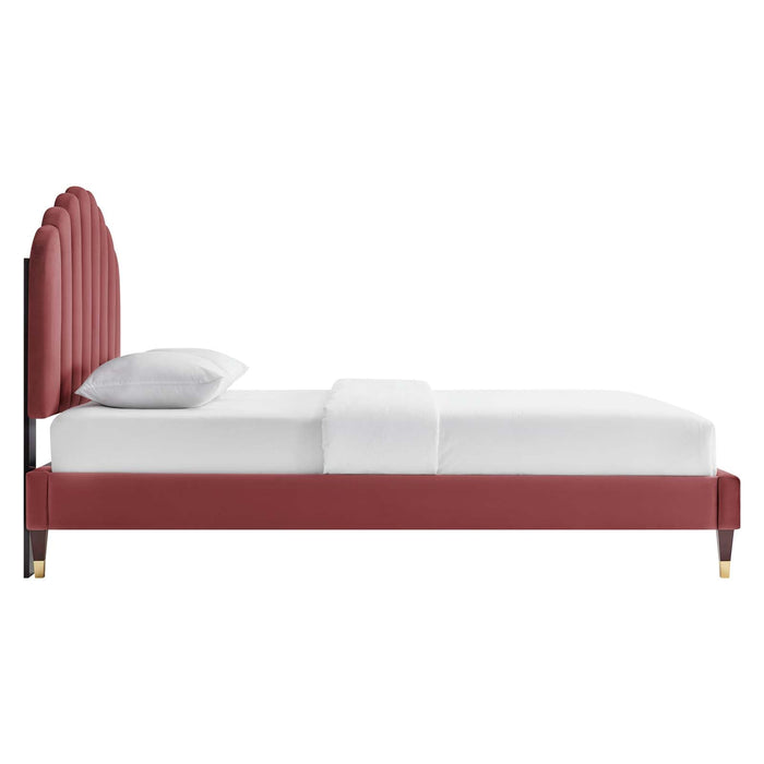 Daisy Performance Velvet Platform Bed Wood and Gold Legs