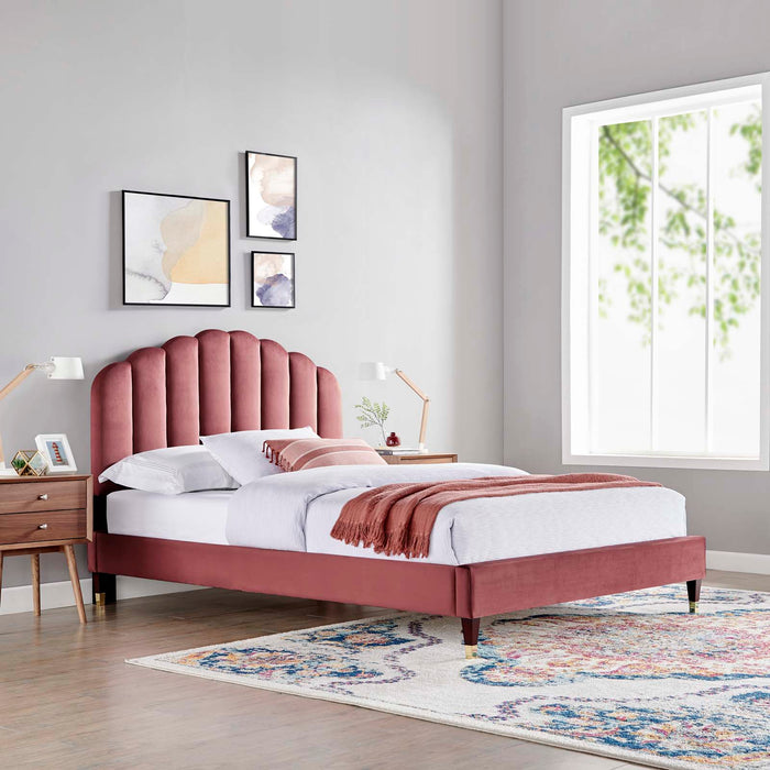 Daisy Performance Velvet Platform Bed Wood and Gold Legs