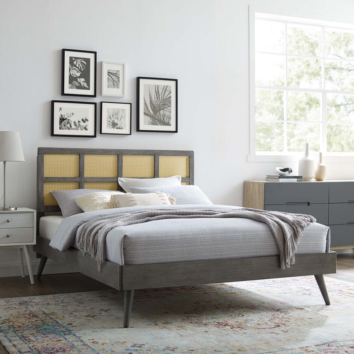 Sidney Cane and Wood Platform Bed With Splayed Legs