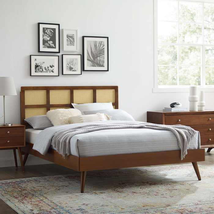 Sidney Cane and Wood Platform Bed With Splayed Legs