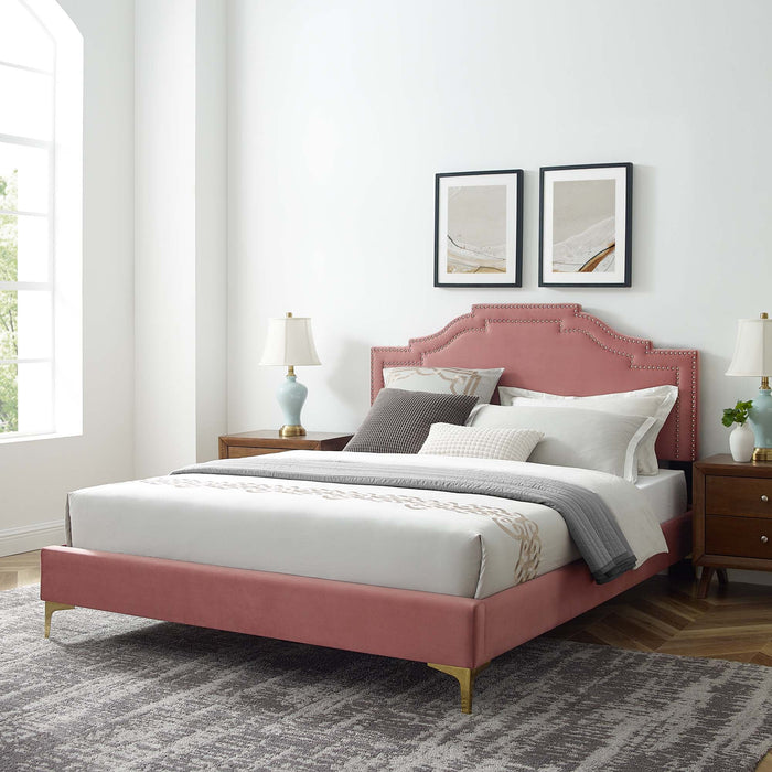 Adelaide Performance Velvet Platform Bed With Gold Metal Legs