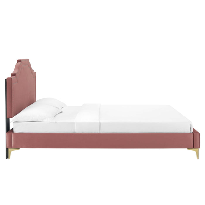 Adelaide Performance Velvet Platform Bed With Gold Metal Legs