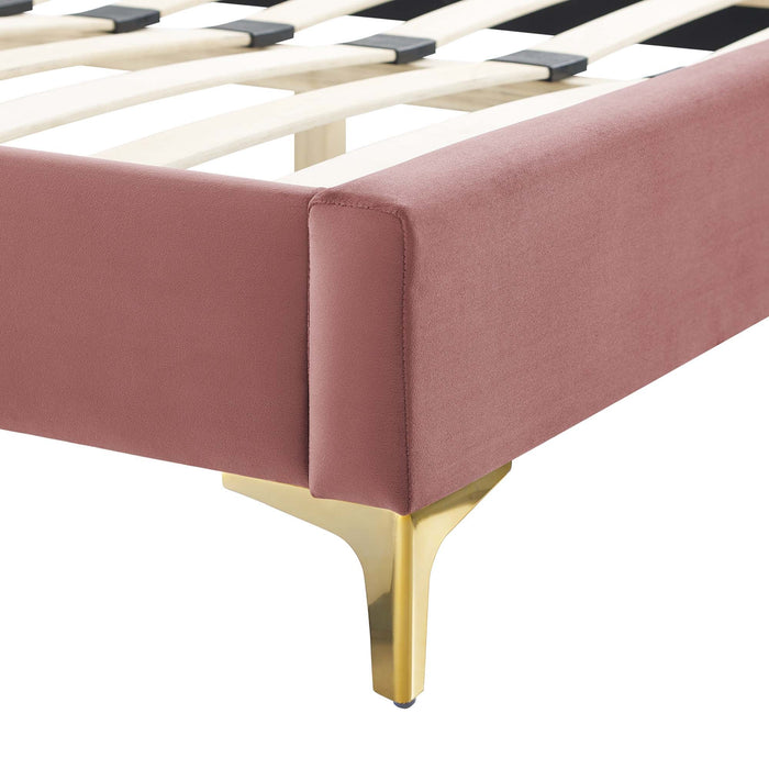 Adelaide Performance Velvet Platform Bed With Gold Metal Legs