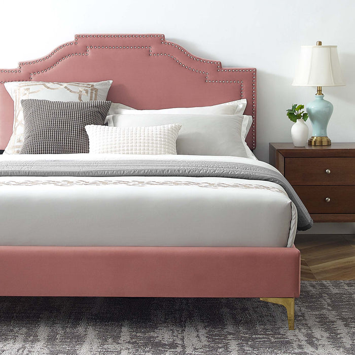 Adelaide Performance Velvet Platform Bed With Gold Metal Legs