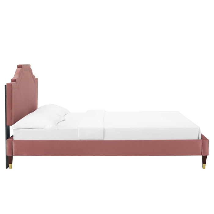 Adelaide Performance Velvet Platform Bed With Wood and Gold Metal Legs