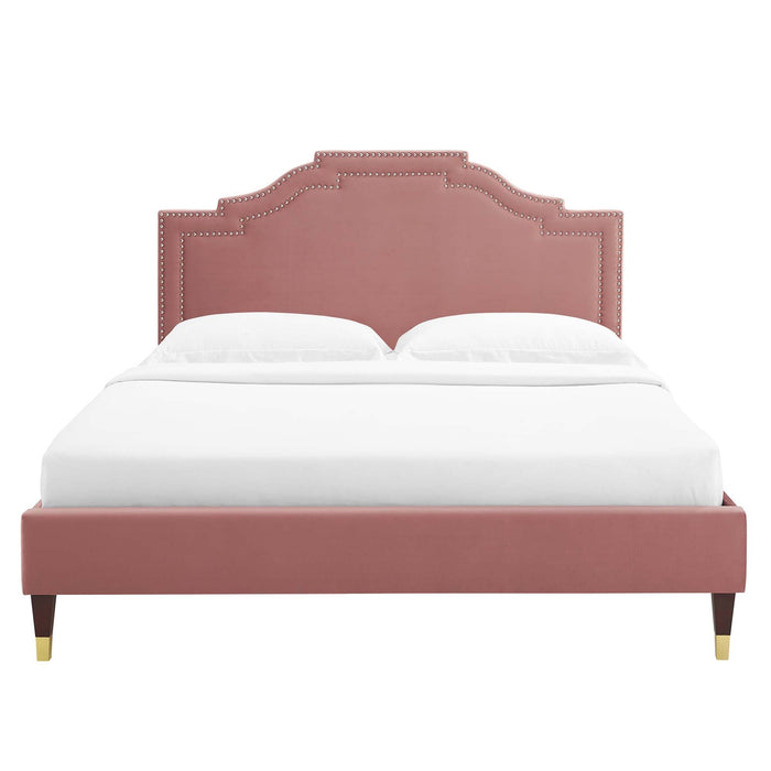 Adelaide Performance Velvet Platform Bed With Wood and Gold Metal Legs