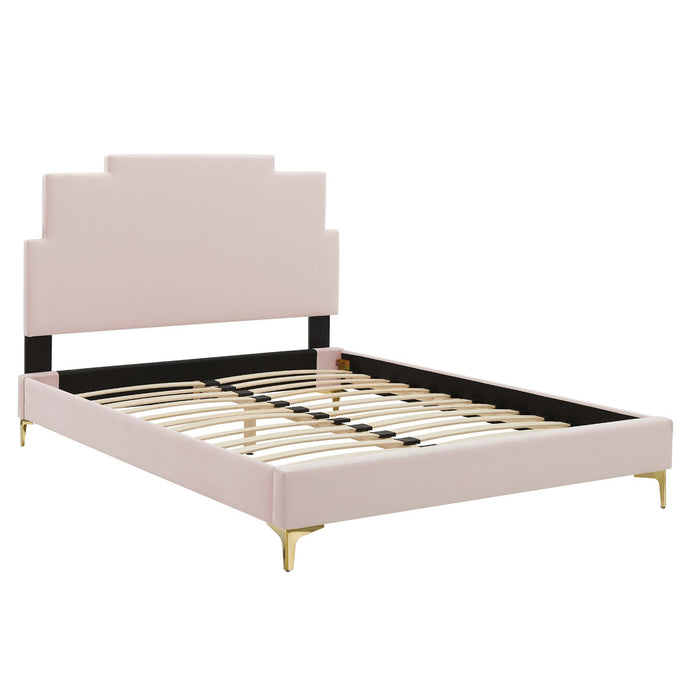 Lindsey Performance Velvet Platform Bed With Gold Metal Legs