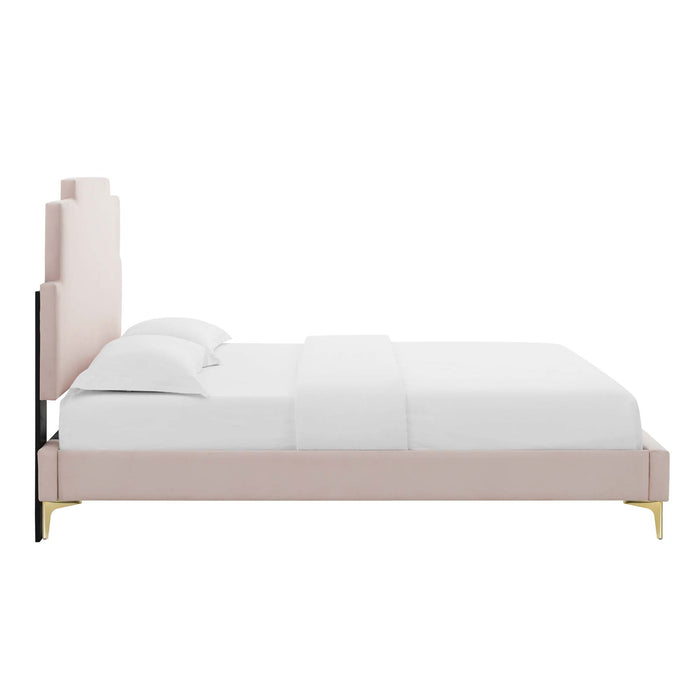 Lindsey Performance Velvet Platform Bed With Gold Metal Legs