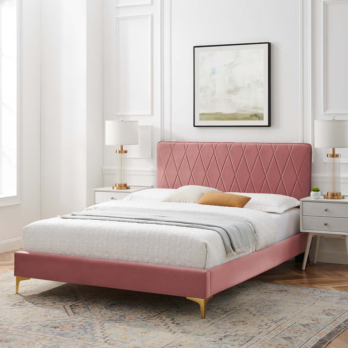 Phillipa Performance Velvet Platform Bed With Gold Metal Legs